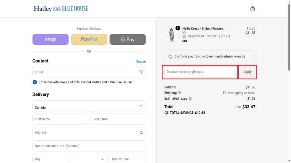 Hatley checkout page showing the Discount code or gift card field and Apply button