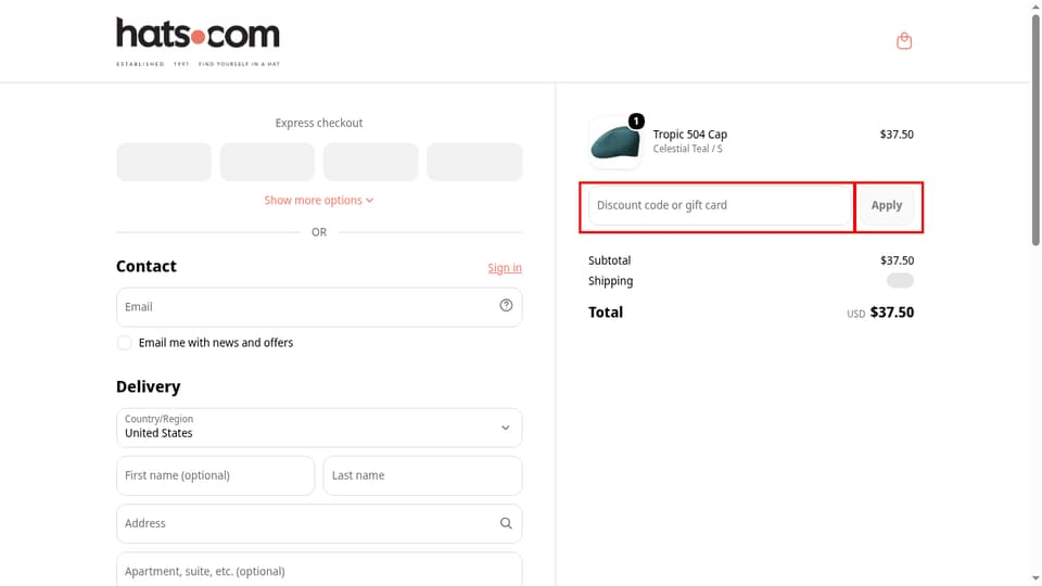 Hats.com checkout page showing the Discount code or gift card field and Apply button