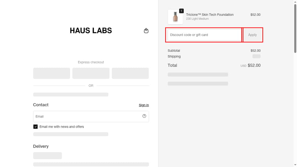 Haus Labs by Lady Gaga checkout page showing the Discount code or gift card field and Apply button