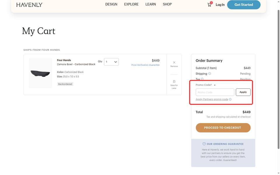 Havenly checkout page showing the Promo Code field and Apply button