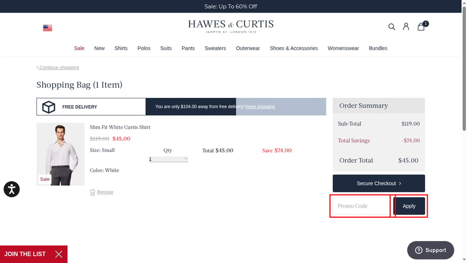 Hawes & Curtis checkout page showing the Promo Code field and Apply button