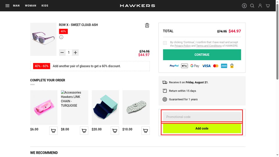 Hawkers checkout page showing the Promotional code field and Add code button