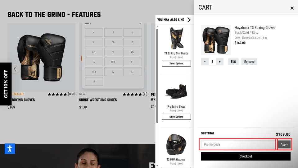 Hayabusa checkout page showing the Promo Code field and Apply button