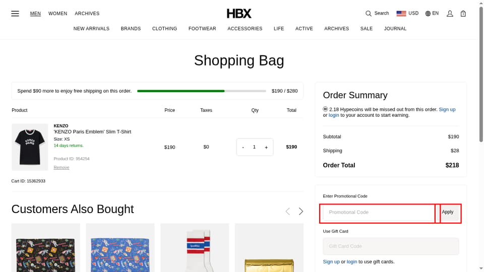 HBX checkout page showing the Promotional Code field and Apply button