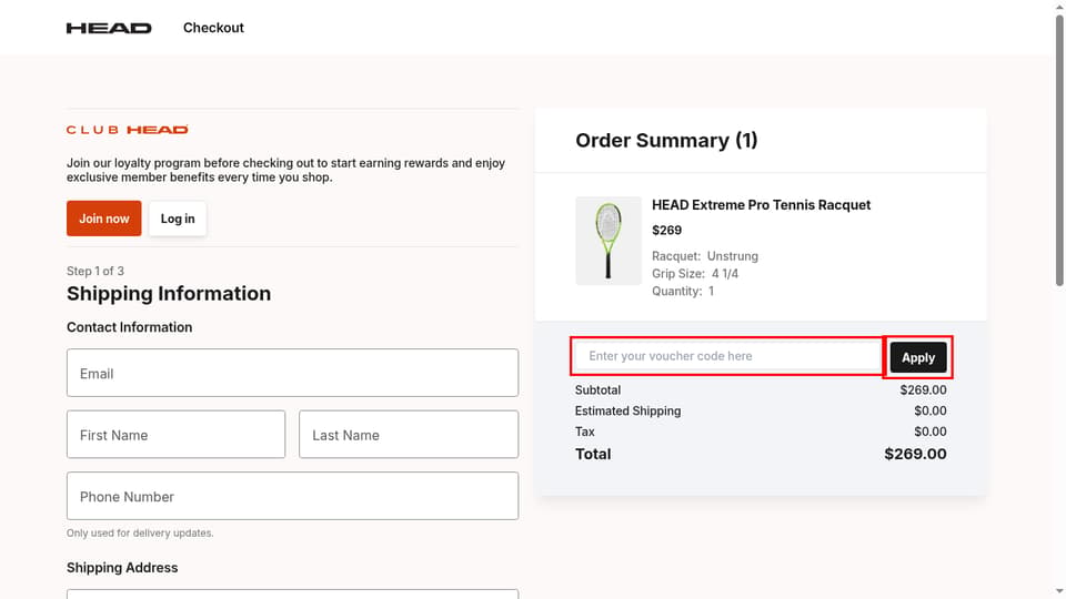 Head checkout page showing the Enter your voucher code here field and Apply button