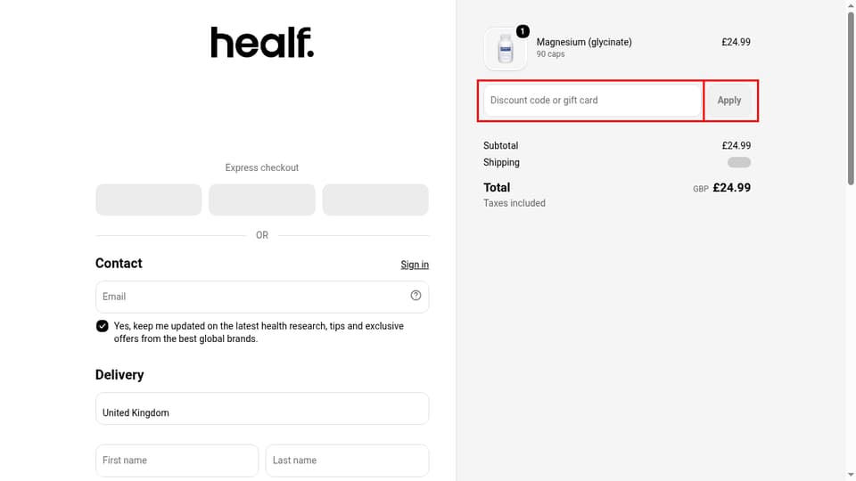 Healf checkout page showing the Discount code or gift card field and Apply button