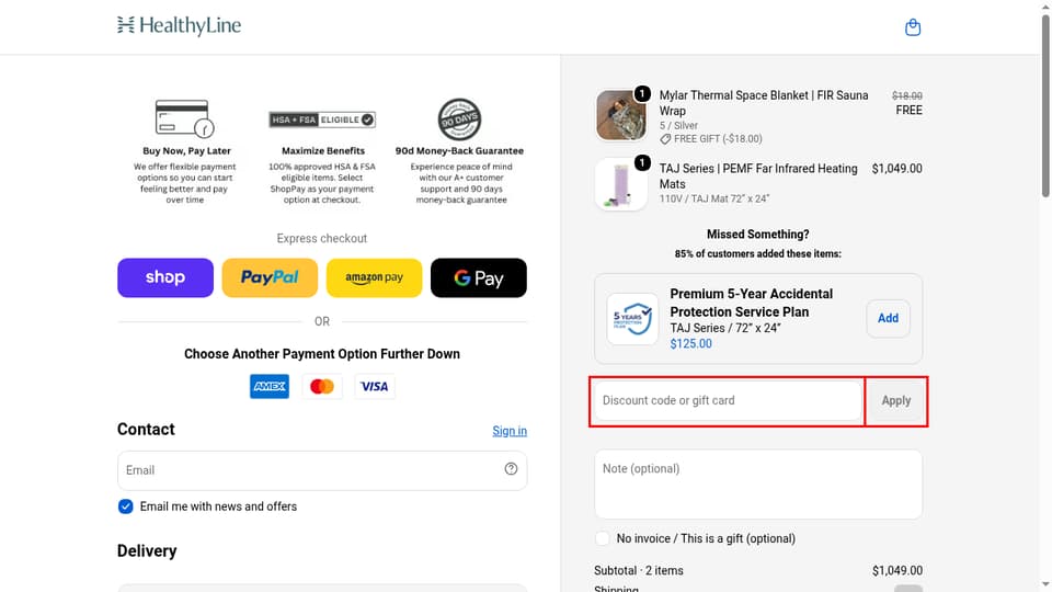 HealthyLine checkout page showing the Discount code or gift card field and Apply button