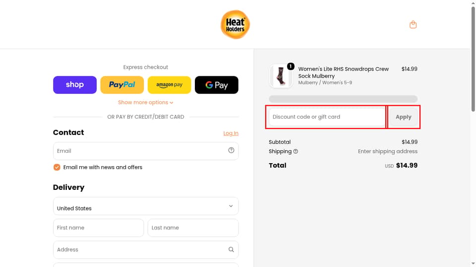 Heat Holders checkout page showing the Discount code or gift card field and Apply button