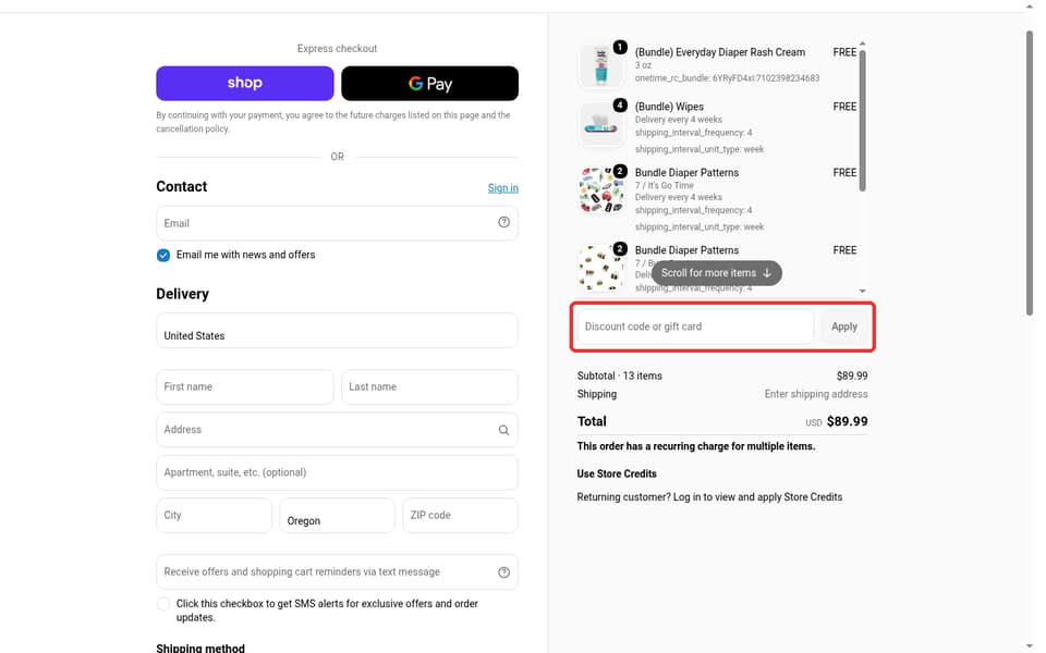 Hello Bello checkout page showing the Discount code or gift card field and Apply button