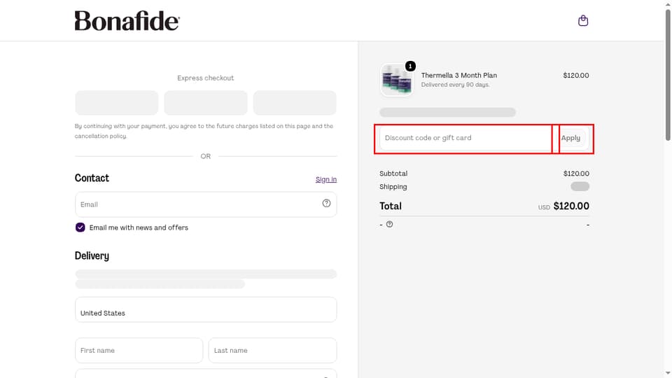 Bonafide Health checkout page showing the Discount code or gift card field and Apply button