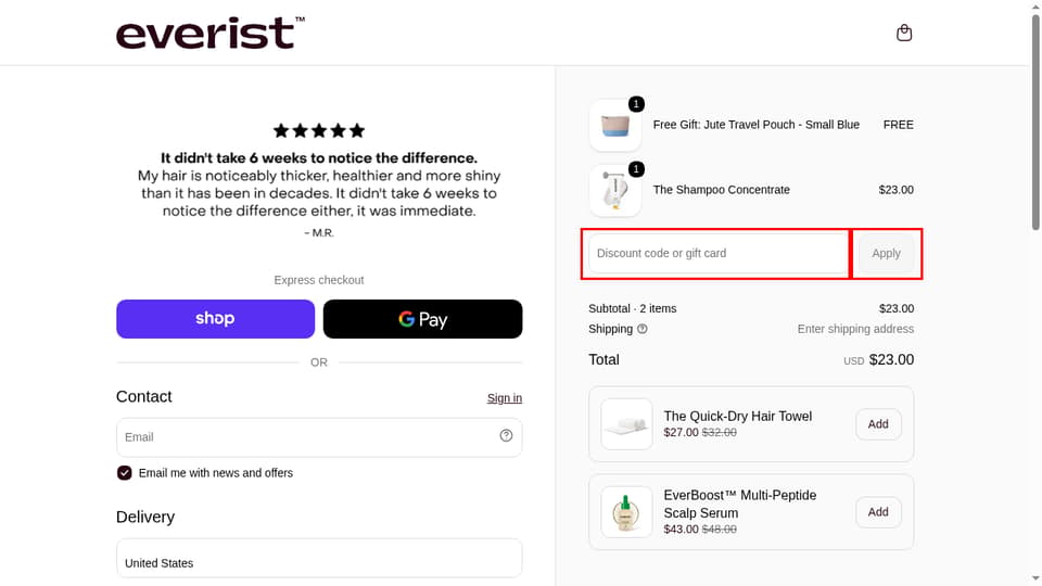 Everist checkout page showing the Discount code or gift card field and Apply button