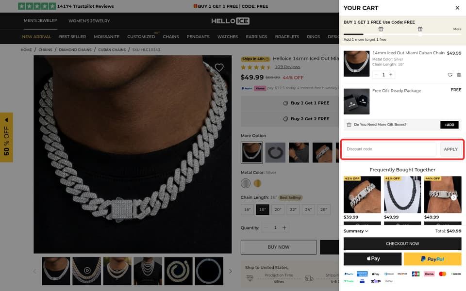 Helloice checkout page showing the Discount code field and APPLY button