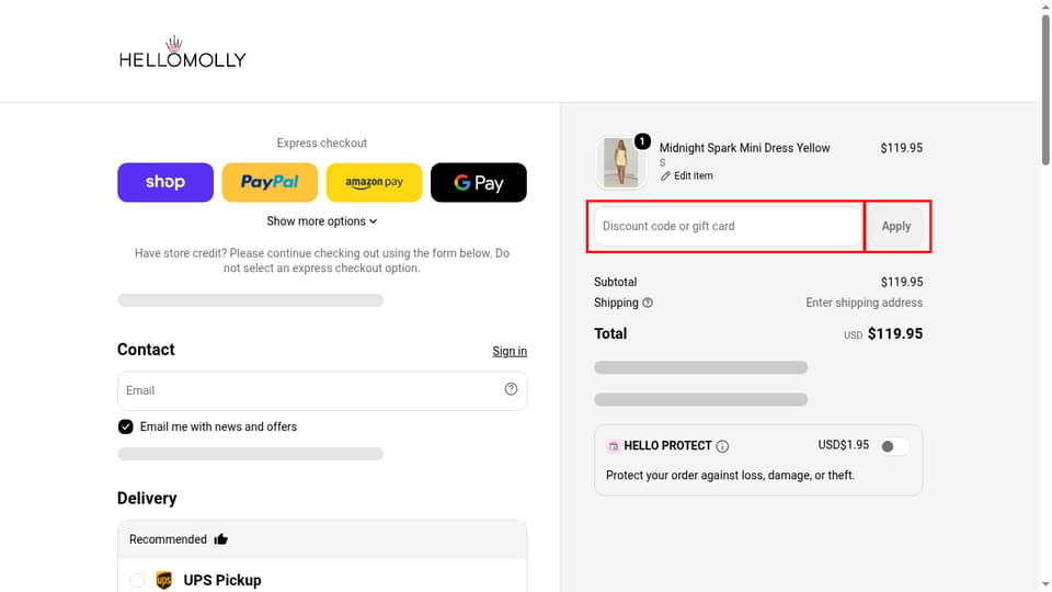 Hello Molly checkout page showing the Discount code or gift card field and Apply button