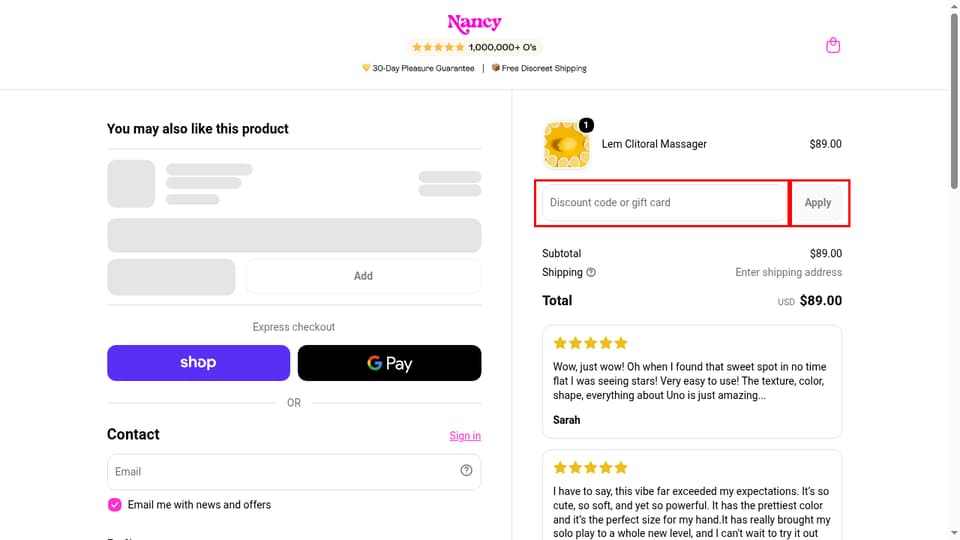 Hello Nancy checkout page showing the Discount code or gift card field and Apply button