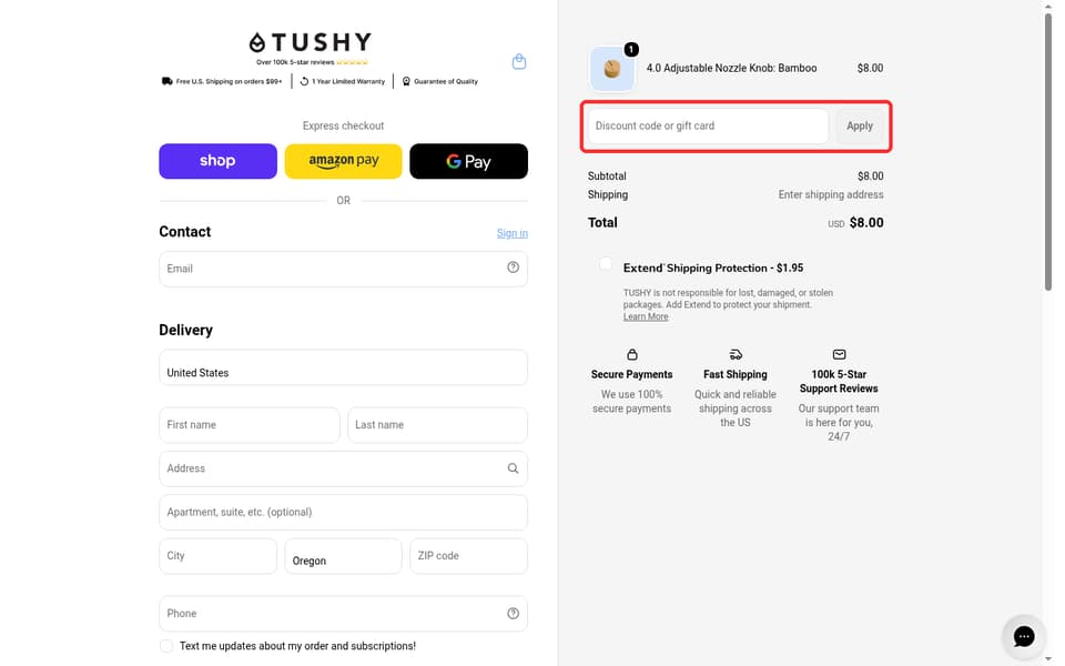 TUSHY checkout page showing the Discount code or gift card field and Apply button