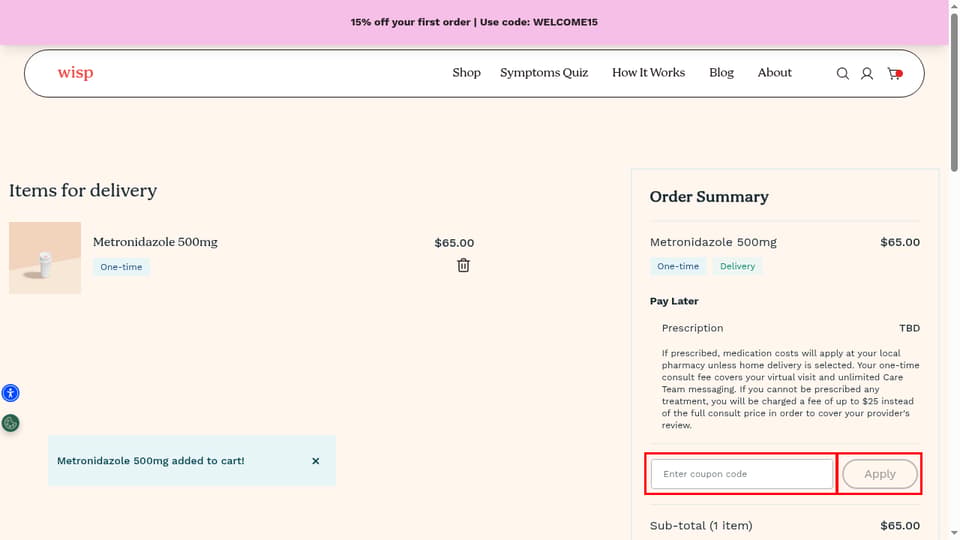 Wisp checkout page showing the Enter coupon code field and Apply button