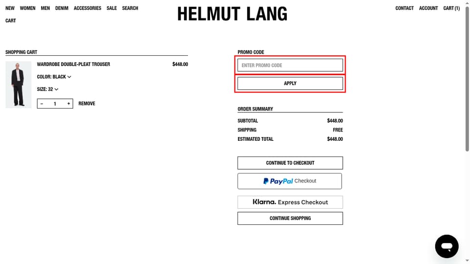 HELMUT LANG checkout page showing the ENTER PROMO CODE field and APPLY button