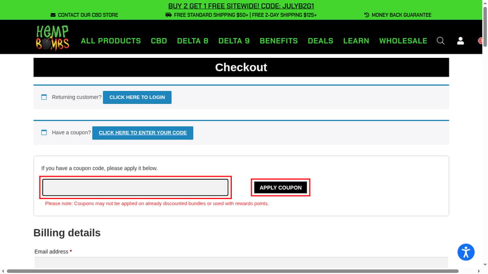 Hemp Bombs checkout page showing the Coupon code field and Apply coupon button