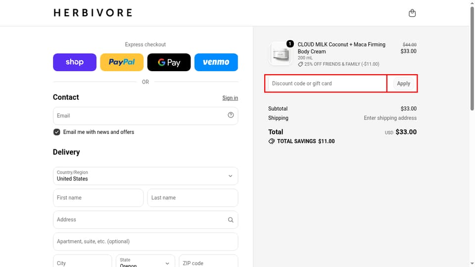 Herbivore Botanicals checkout page showing the Discount code or gift card field and Apply button
