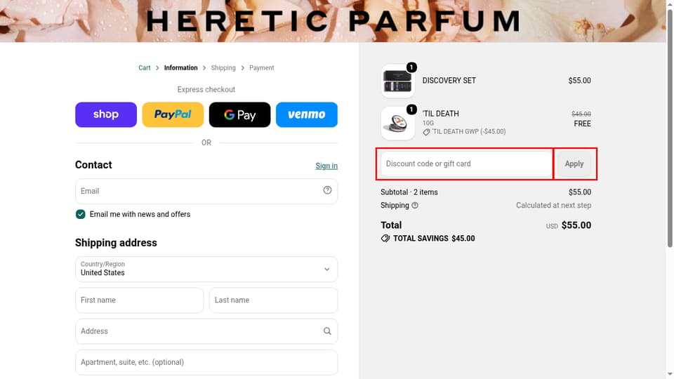 Heretic Parfum checkout page showing the Discount code or gift card field and Apply button
