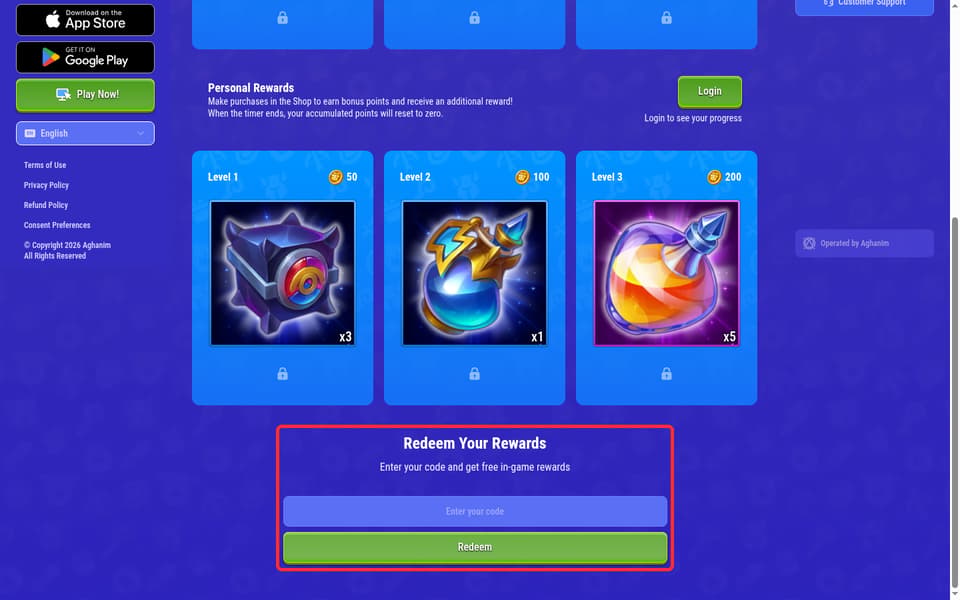 Hero Wars: Dominion Era checkout page showing the Enter your code field and Redeem button
