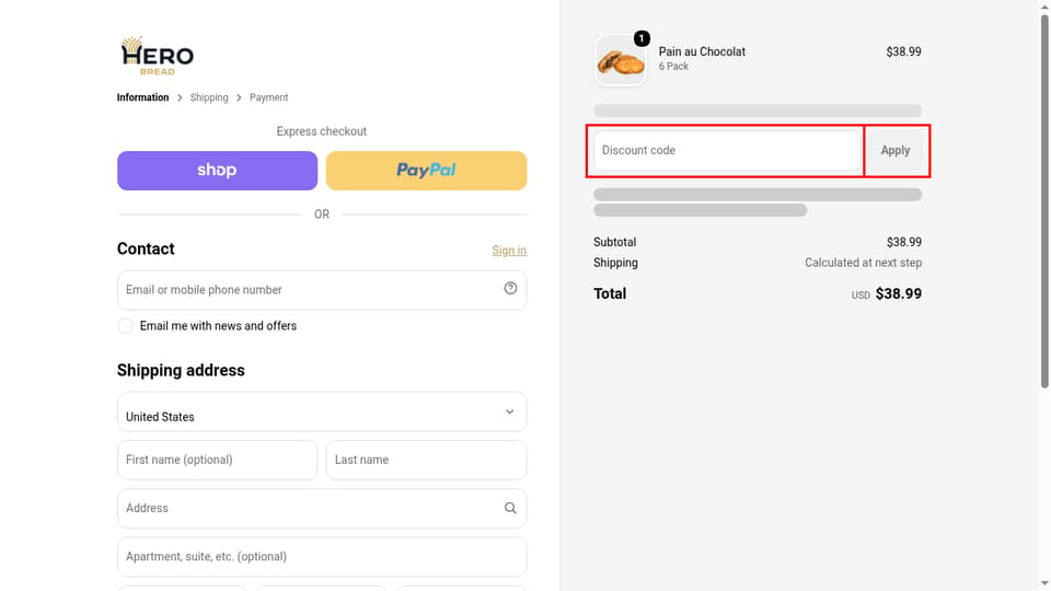 Hero Bread checkout page showing the Discount code field and Apply button
