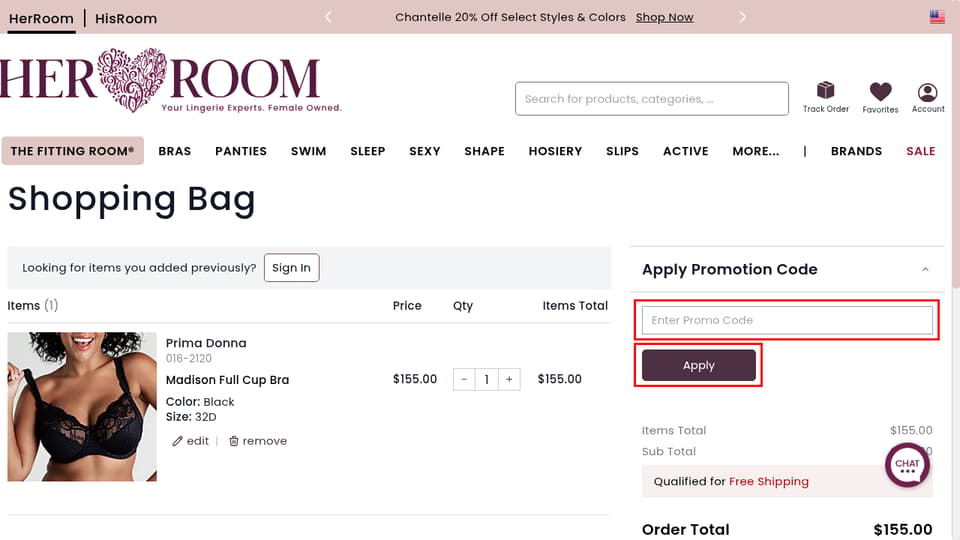 HerRoom checkout page showing the Enter Promo Code field and Apply button