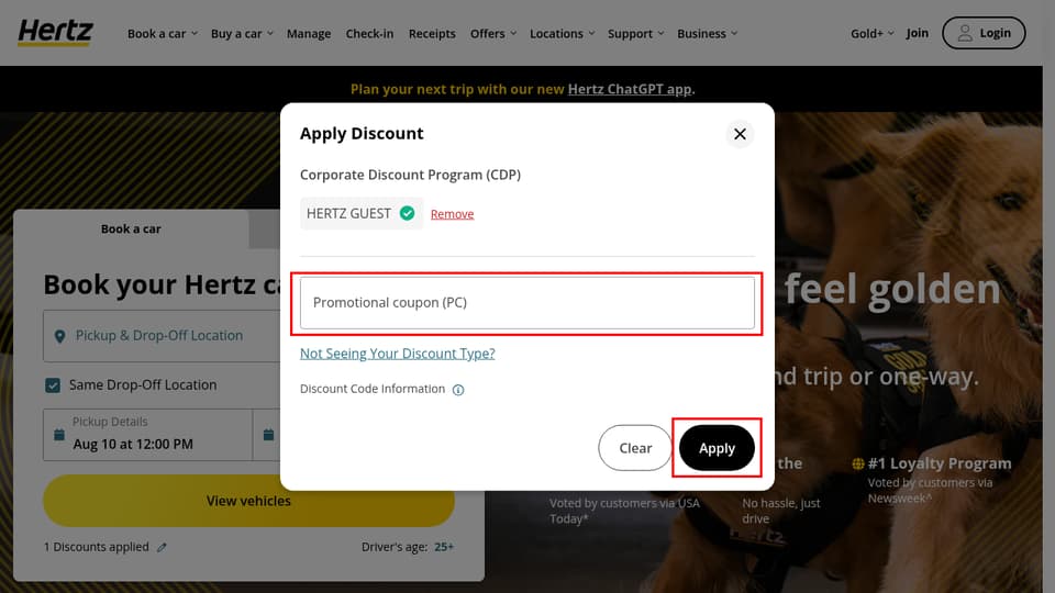 Hertz checkout page showing the Promotional coupon (PC) field and Apply button