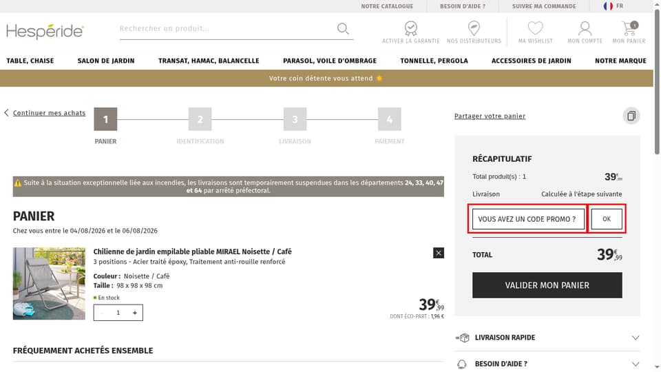 Hespéride checkout page showing the Vous avez un code promo ? field and OK button