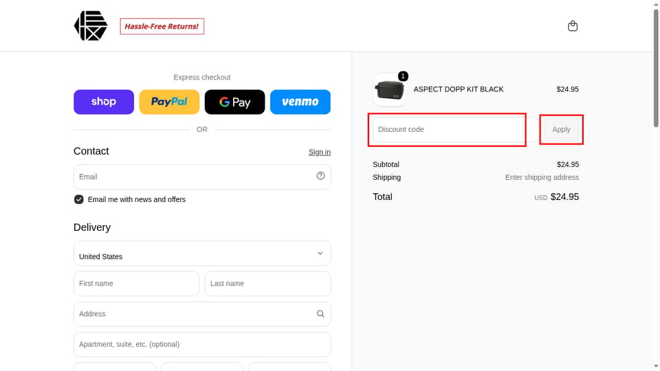 HEX checkout page showing the Discount code field and Apply button