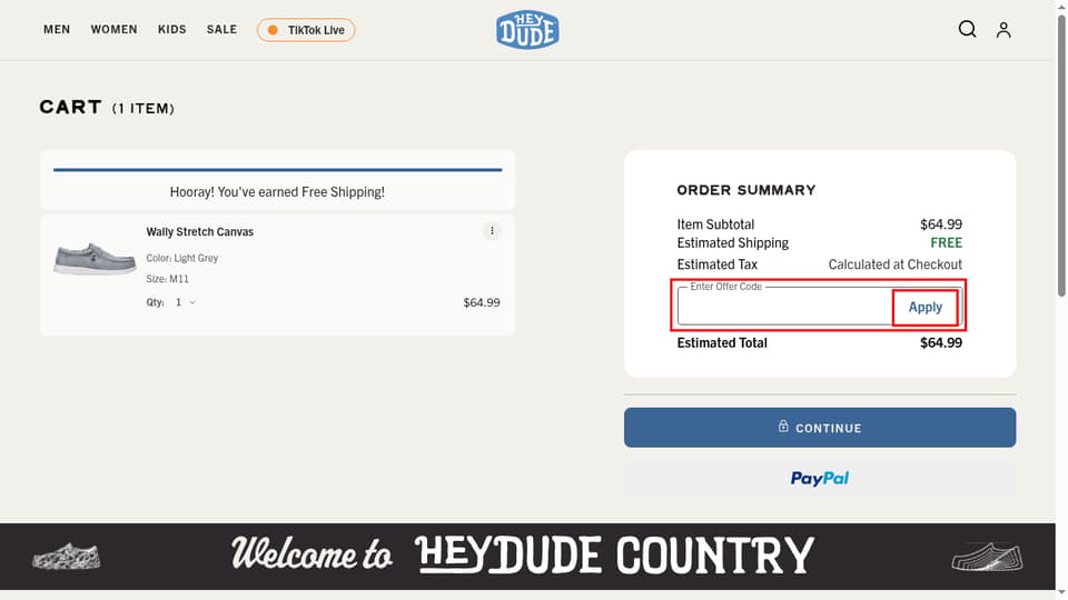 Hey Dude Shoes checkout page showing the Enter Offer Code field and apply button