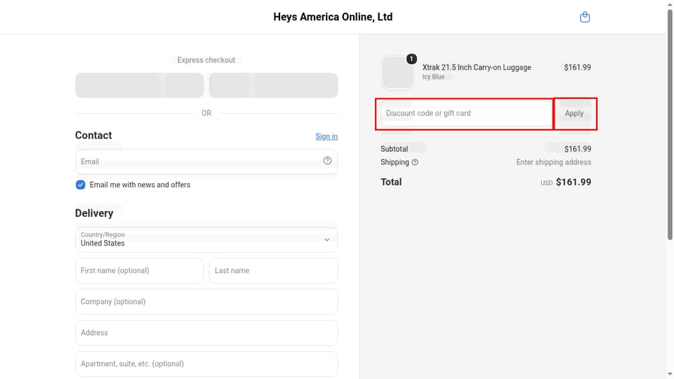 Heys checkout page showing the Discount code or gift card field and Apply button