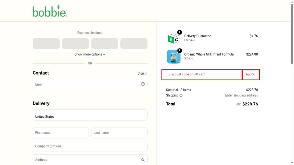 Bobbie checkout page showing the Discount code or gift card field and Apply button