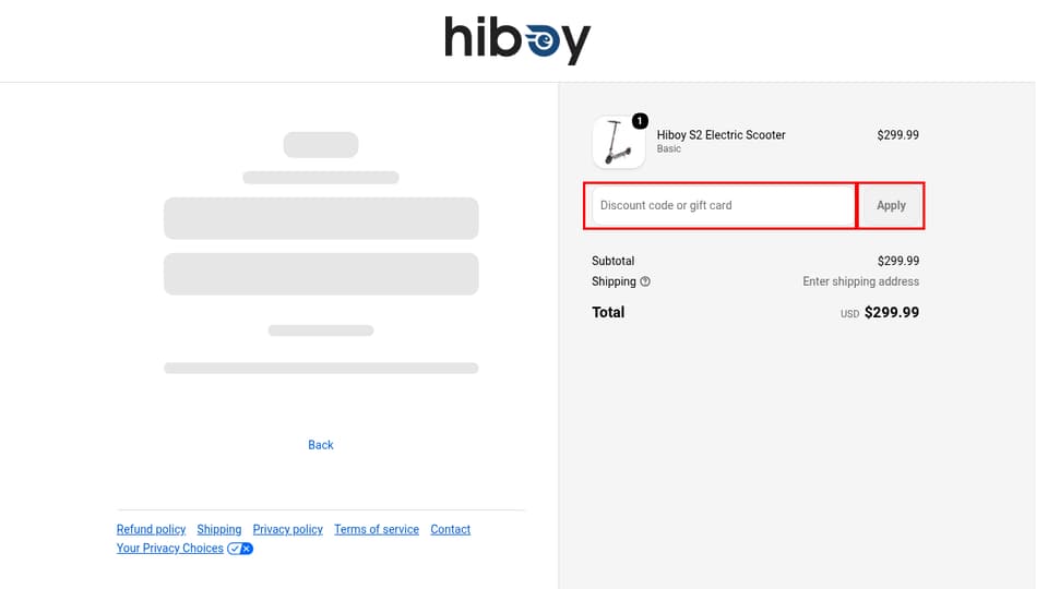 Hiboy checkout page showing the Discount code or gift card field and Apply button