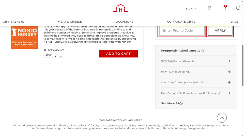 Hickory Farms checkout page showing the Enter Promo Code field and APPLY button