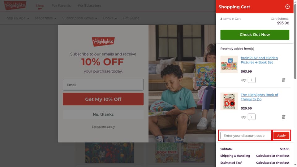 Highlights checkout page showing the Enter your discount code field and Apply button