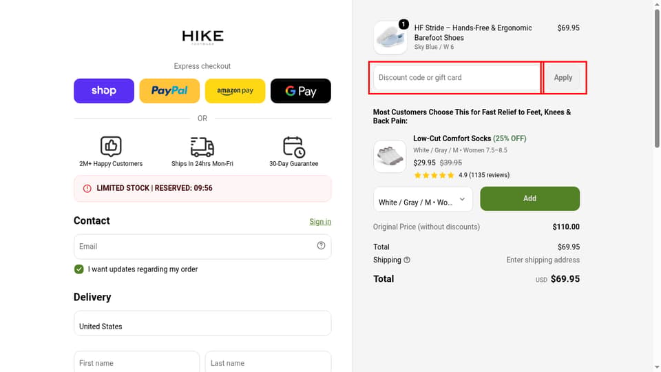 Hike Footwear checkout page showing the Discount code or gift card field and Apply button