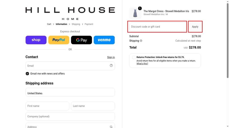 Hill House Home checkout page showing the Discount code or gift card field and Apply button