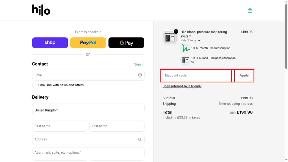 Hilo checkout page showing the Discount code field and Apply button