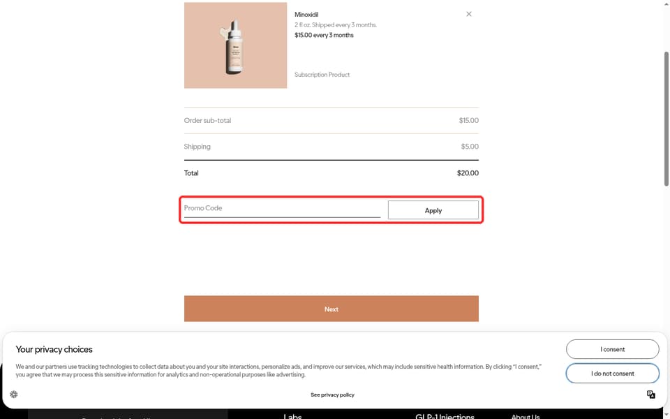 Hims checkout page showing the Promo Code field and Apply button