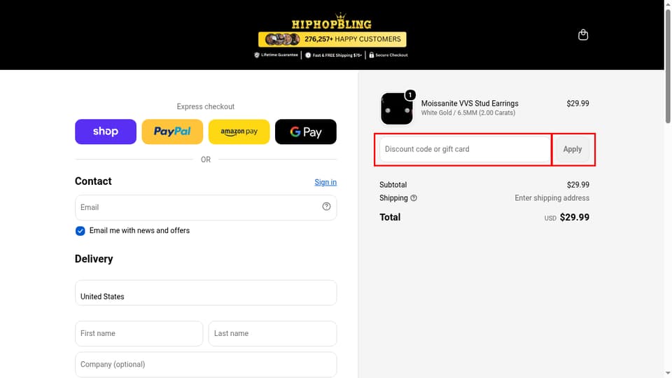 HipHopBling checkout page showing the Discount code or gift card field and Apply button