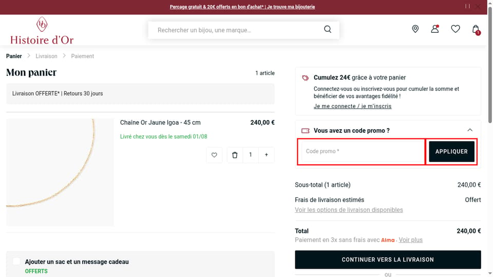 Histoire d’Or checkout page showing the Code promo * field and Appliquer button