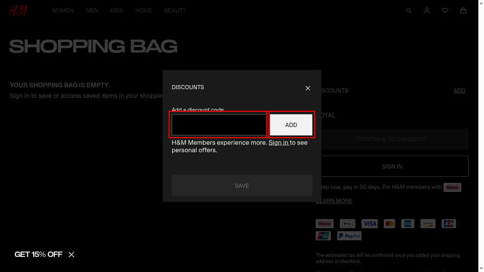 H&M checkout page showing the Offer code field and Add button