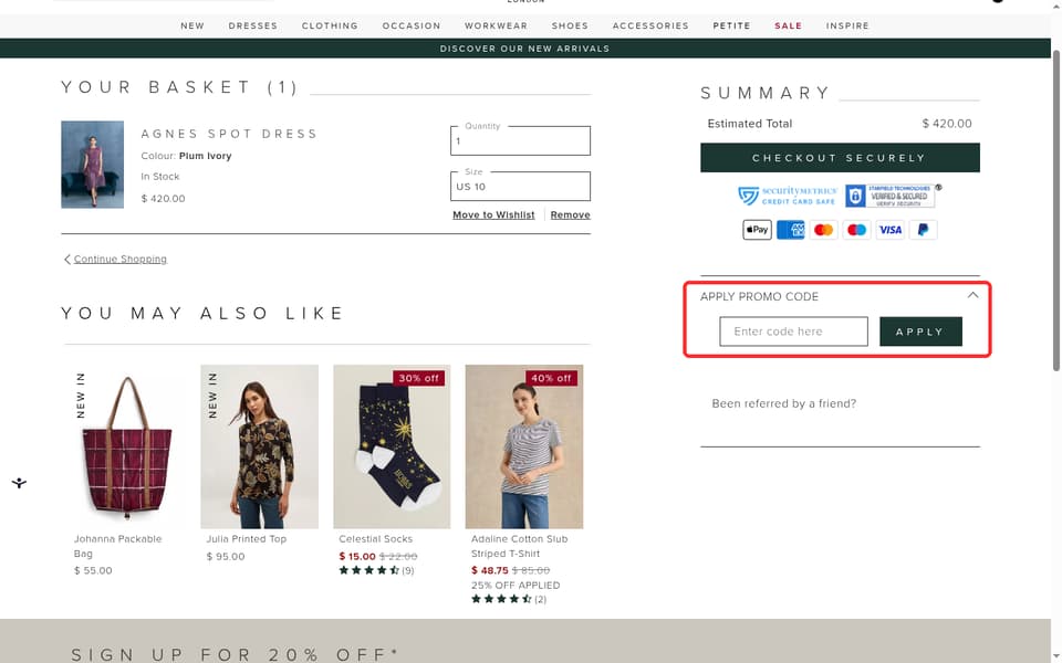 Hobbs London checkout page showing the Enter code here field and Apply button