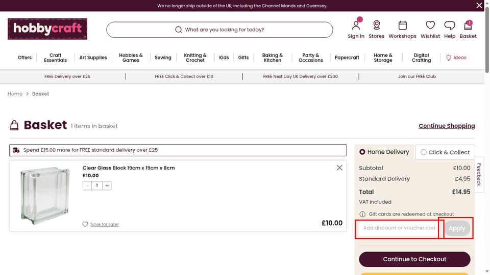 Hobbycraft checkout page showing the Add discount or voucher code field and Apply button