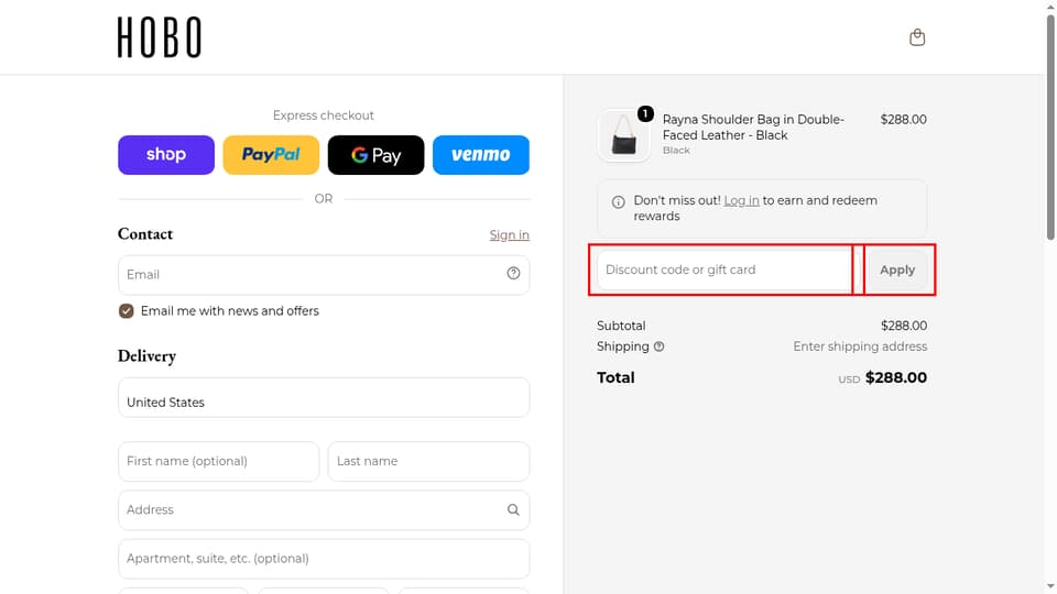 HOBO checkout page showing the Discount code or gift card field and Apply button