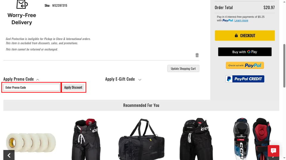 Hockey Monkey checkout page showing the Enter Promo Code field and Apply Discount button