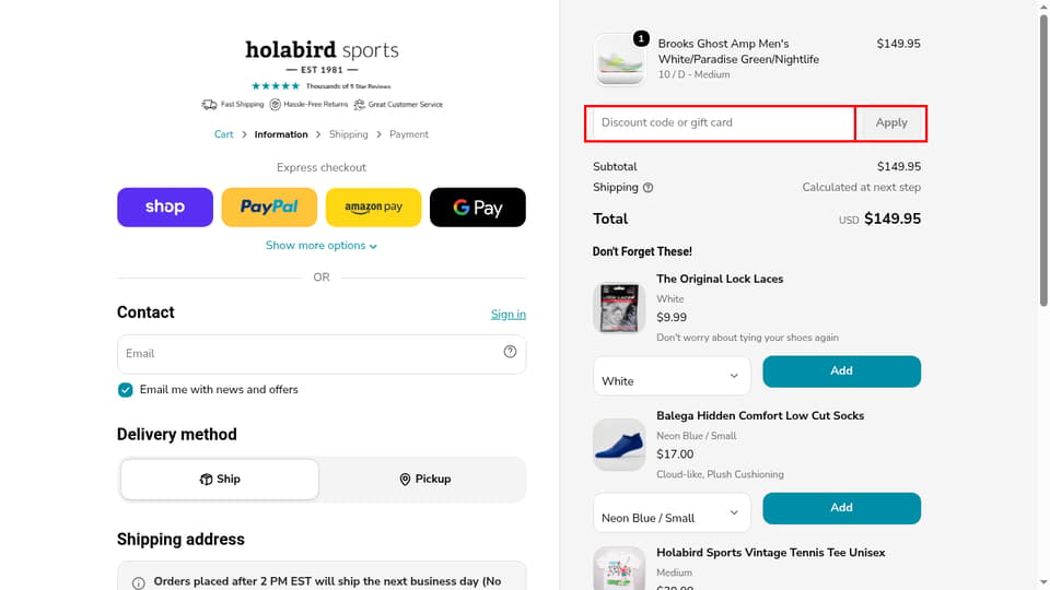 Holabird Sports checkout page showing the Discount code or gift card field and Apply button