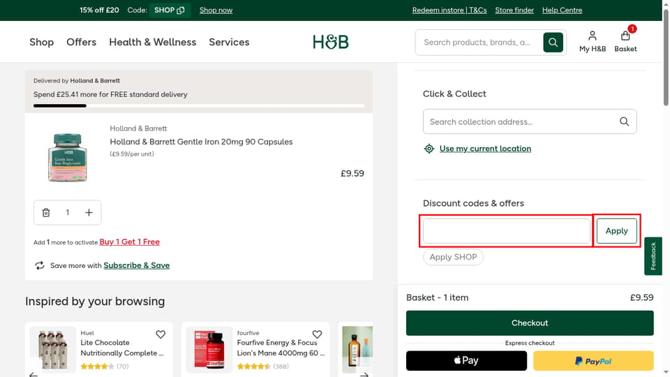 Holland & Barrett checkout page showing the Apply your discount code field and Apply button