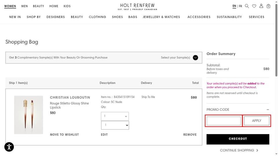 Holt Renfrew checkout page showing the Promo code field and Apply button